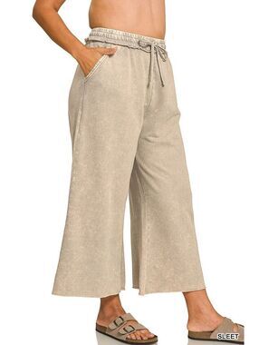 Zenana washed french terry flare pants- Sleet